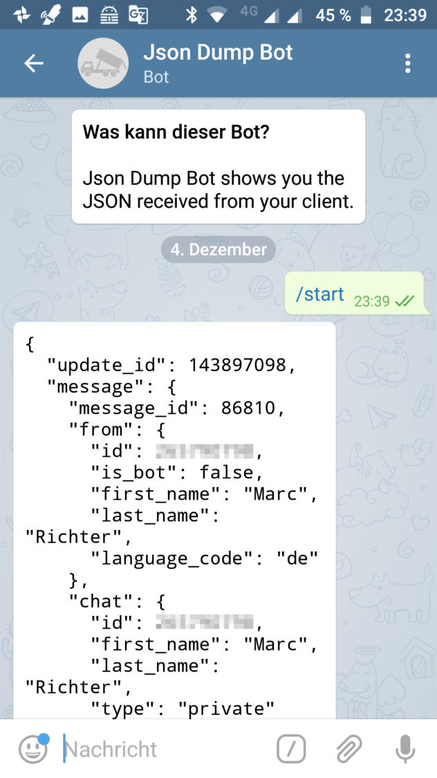 Telegram conversation with "jsondumpbot"