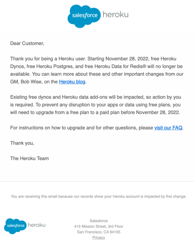 Heroku's global mailing on free service retirement in Nov 2022